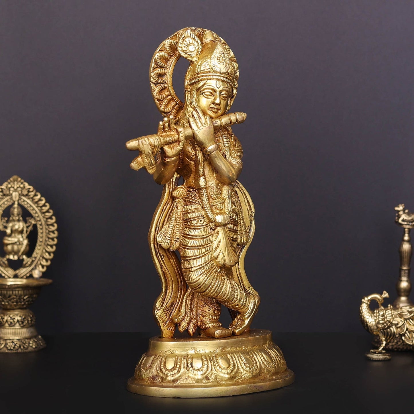 Brass Krishna Idol Golden Finish For Home Decor 8.5 Inch
