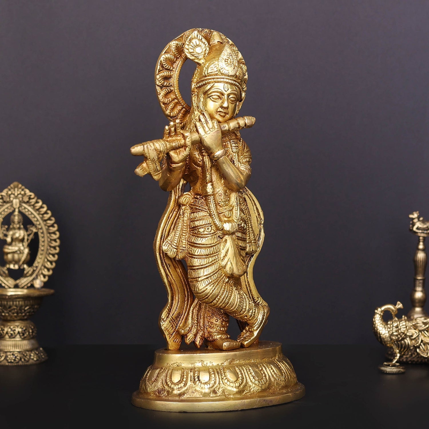 Brass Krishna Idol Golden Finish For Home Decor 8.5 Inch - Image 3
