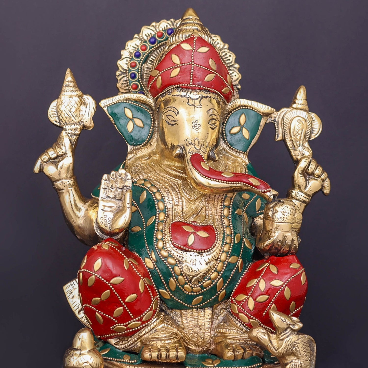 Brass Ganesha Statue Stone Work For Home Decor Showpiece 10 Inch - Image 2