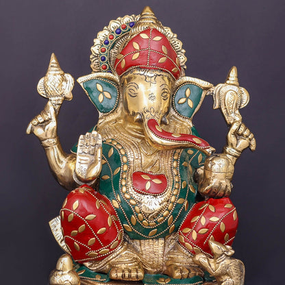 Brass Ganesha Statue Stone Work For Home Decor Showpiece 10 Inch by vendor-unknown - Hindu Gods (View 2)