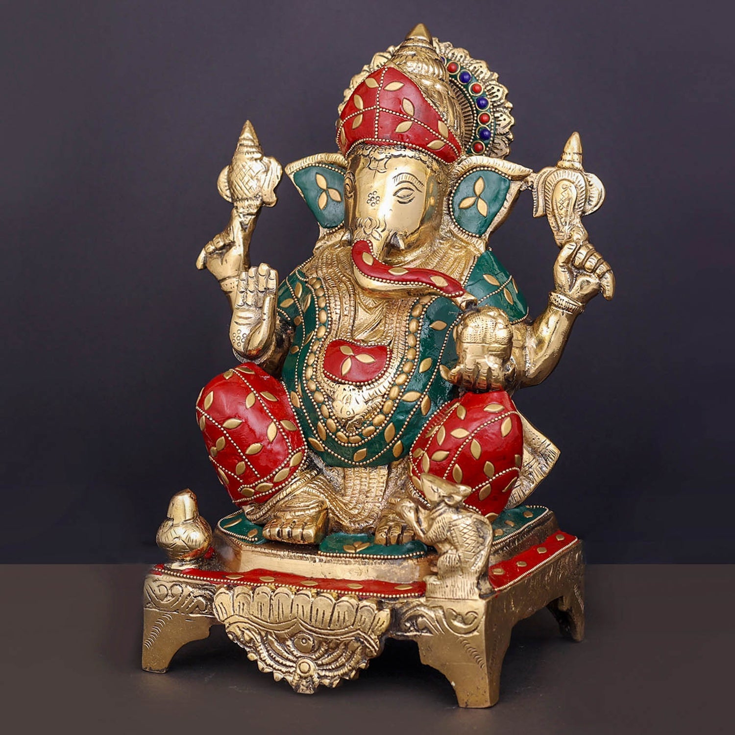 Brass Ganesha Statue Stone Work For Home Decor Showpiece 10 Inch - Image 4