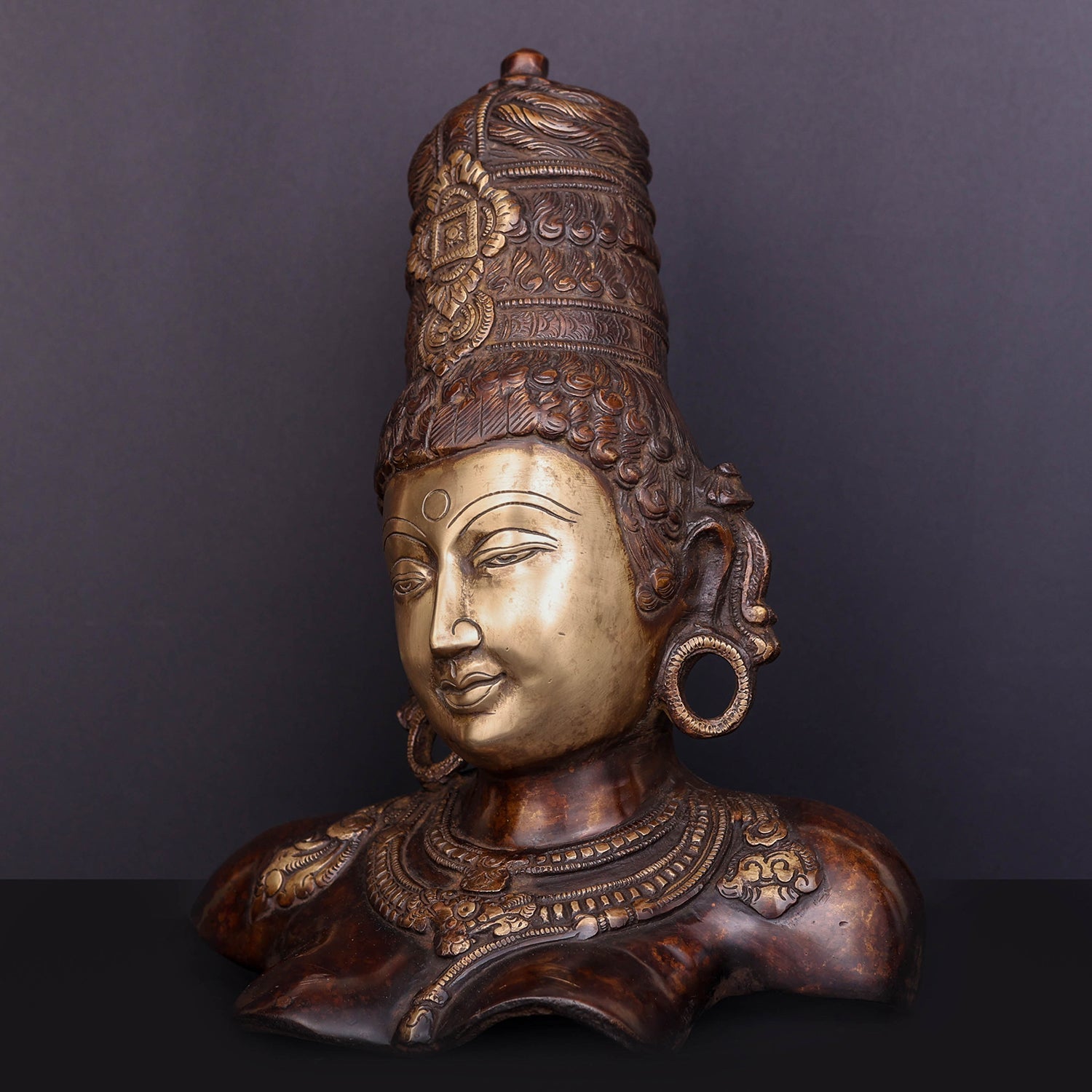 Brass Devi Parvati Bust Antique Finish Sculpture 12 Inch - Image 3