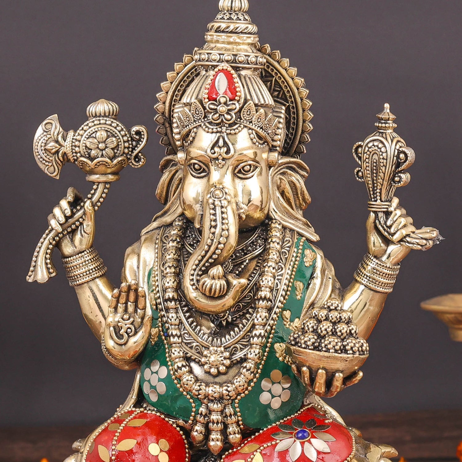 Brass Superfine Ganesha Seated On Lotus Stone Work 10 Inch - Image 2