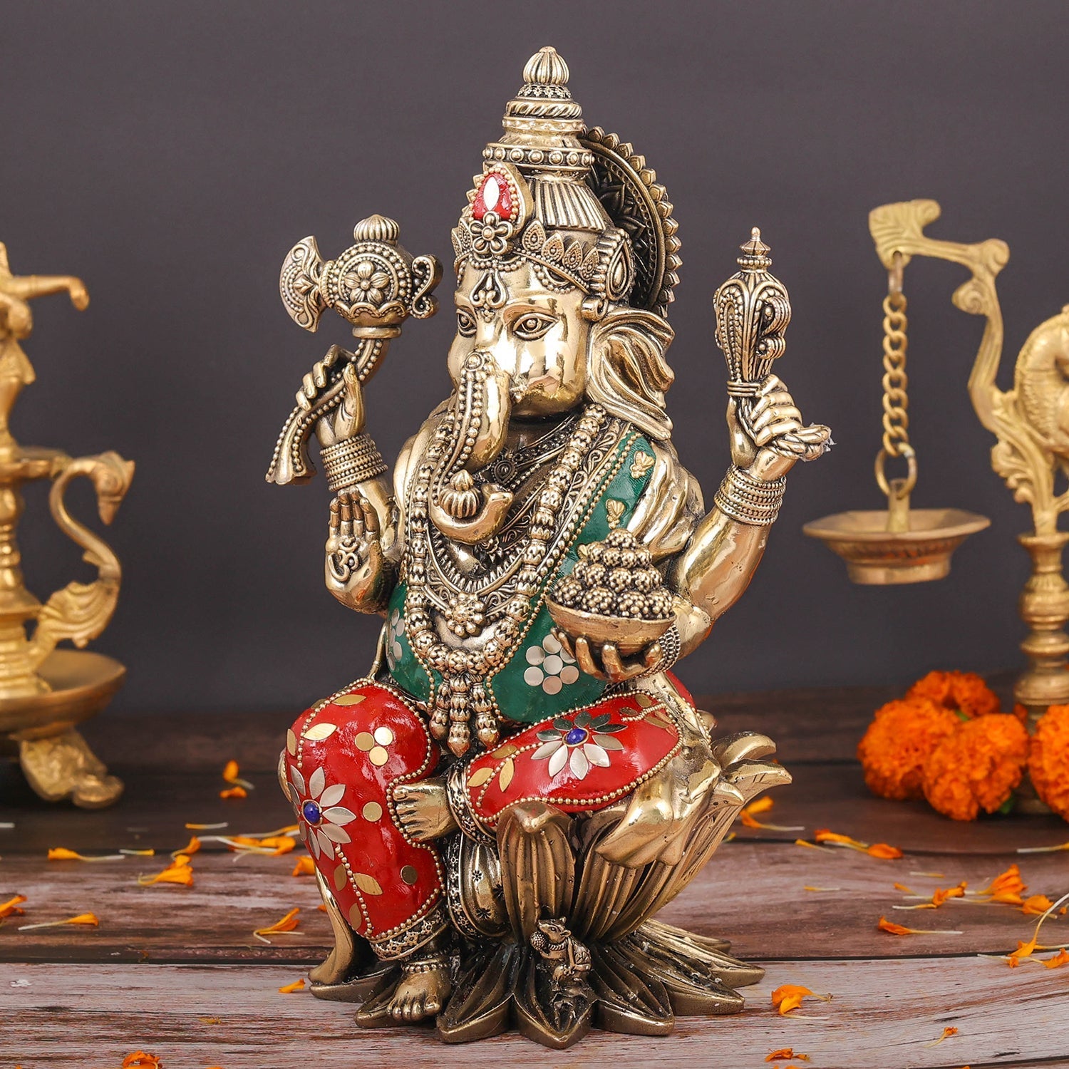 Brass Superfine Ganesha Seated On Lotus Stone Work 10 Inch - Image 5