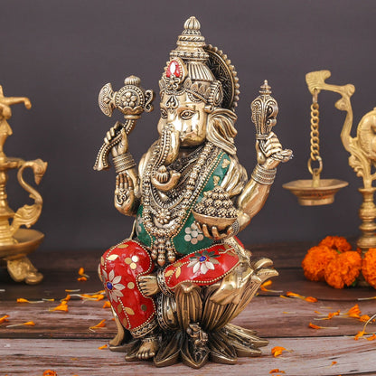 Brass Superfine Ganesha Seated On Lotus Stone Work 10 Inch by vendor-unknown - Hindu Gods (View 5)