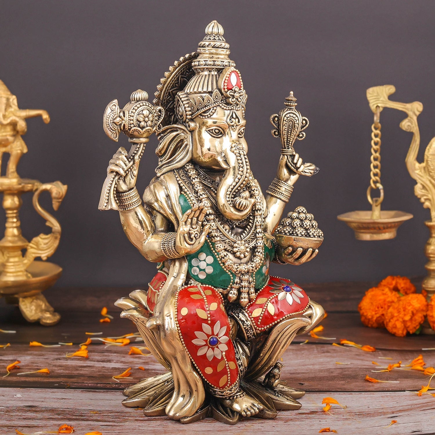 Brass Superfine Ganesha Seated On Lotus Stone Work 10 Inch - Image 4