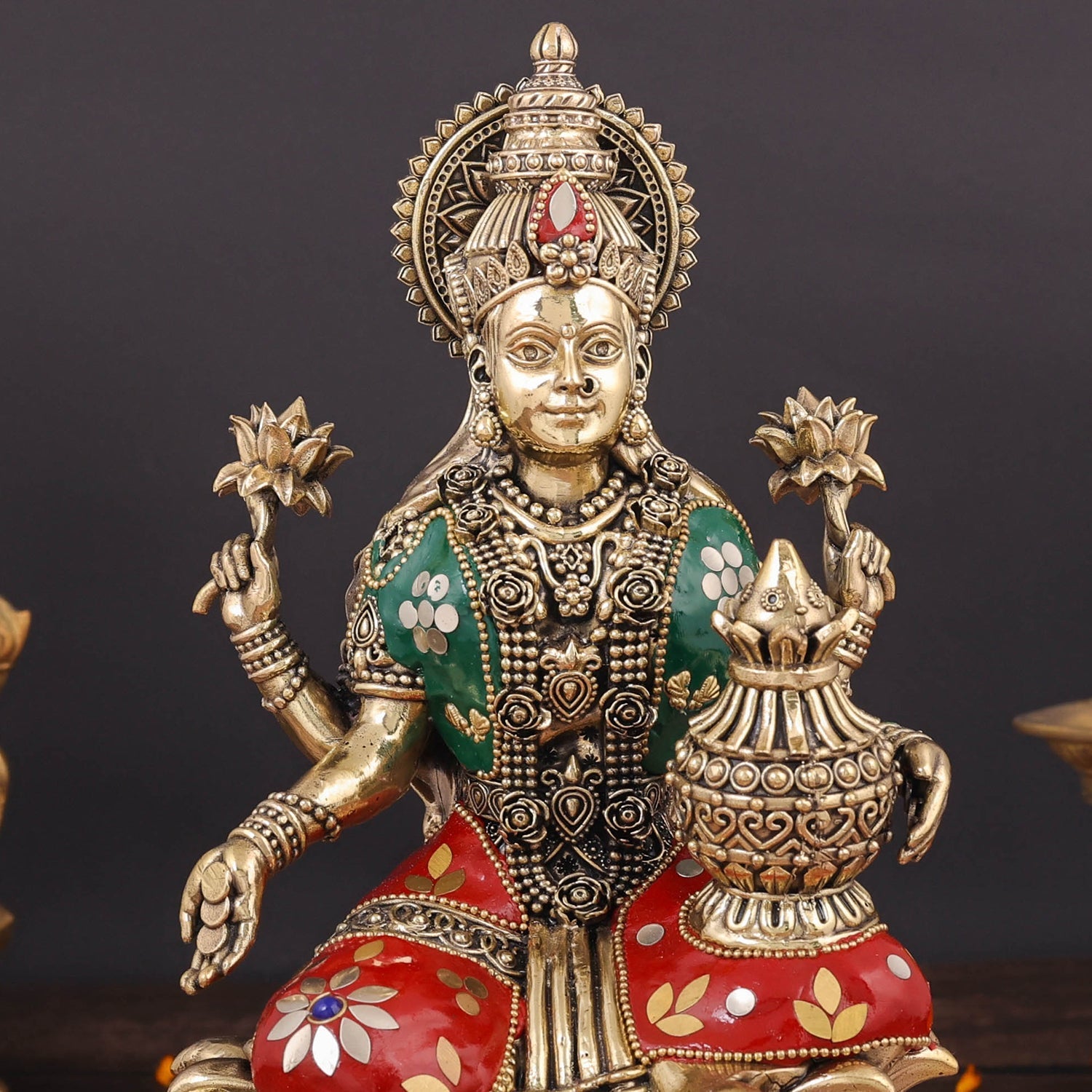 Brass Superfine Goddess Lakshmi Idol Seated on Lotus Stone Work 10 Inch - Image 2