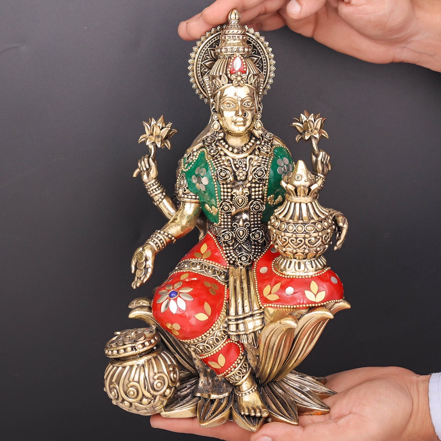 Brass Superfine Goddess Lakshmi Idol Seated on Lotus Stone Work 10 Inch - Image 3