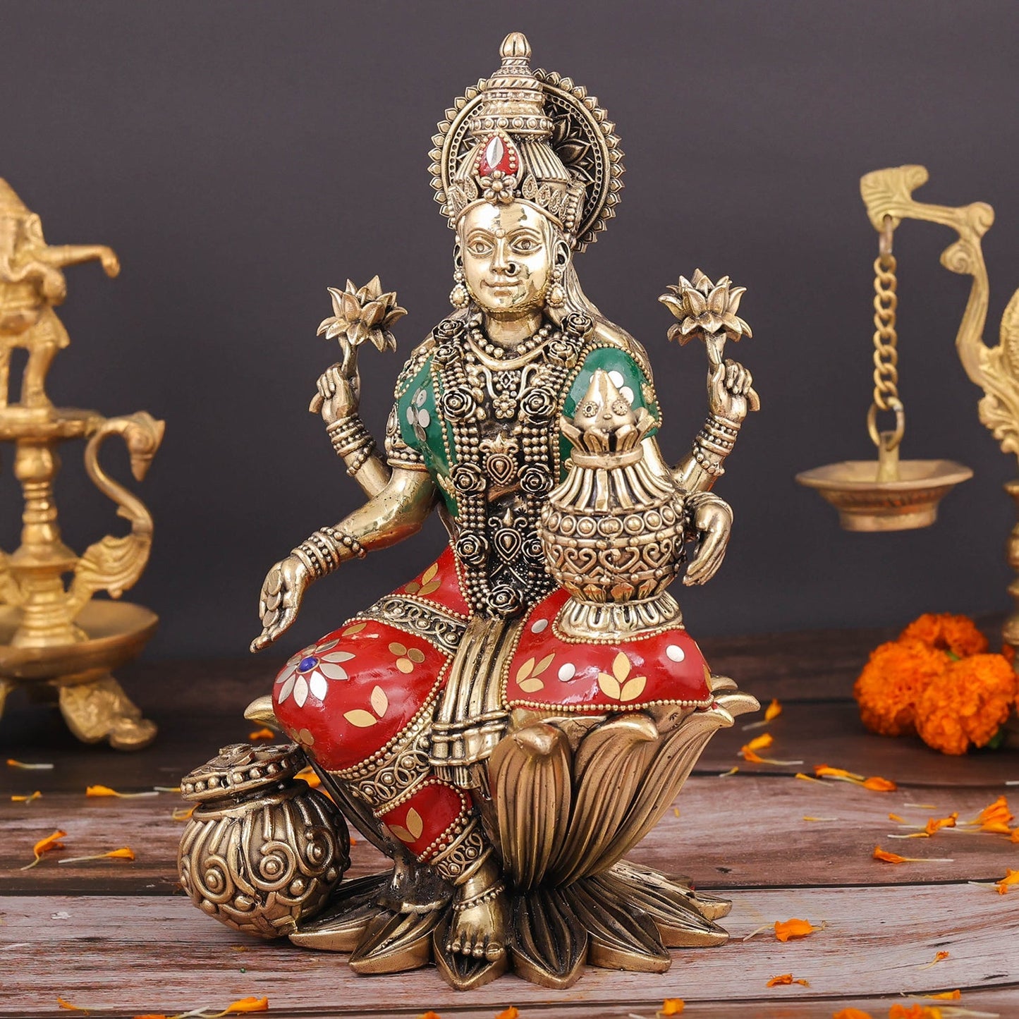 Brass Superfine Goddess Lakshmi Idol Seated on Lotus Stone Work 10 Inch