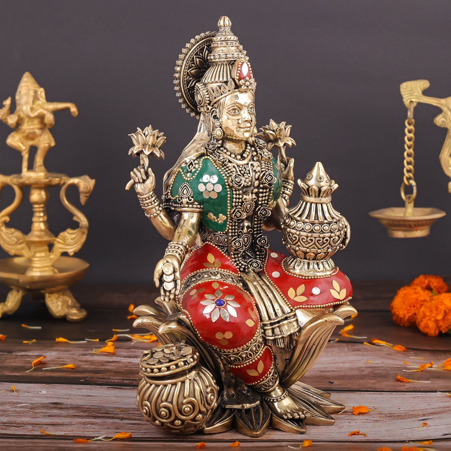 Brass Superfine Goddess Lakshmi Idol Seated on Lotus Stone Work 10 Inch - Image 5