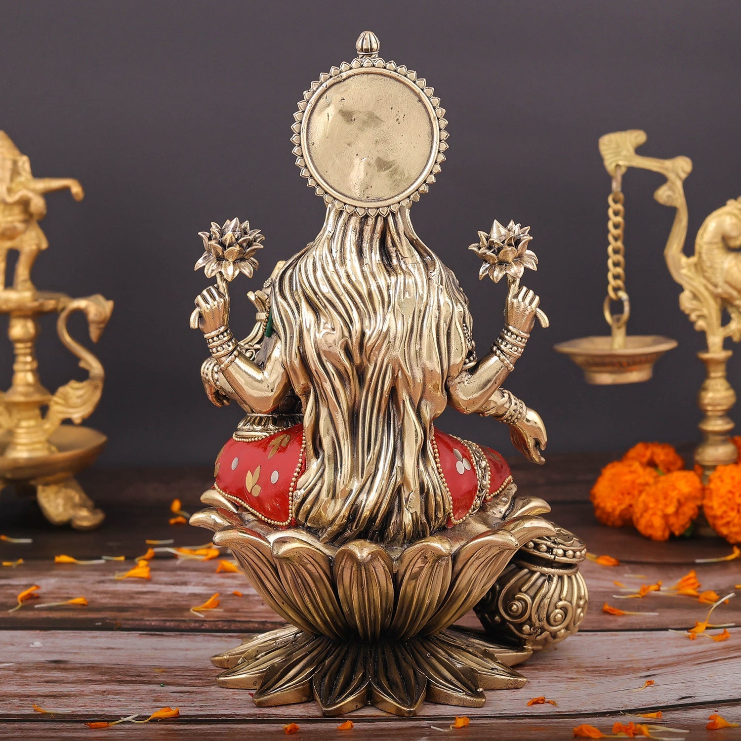 Brass Superfine Goddess Lakshmi Idol Seated on Lotus Stone Work 10 Inch - Image 6