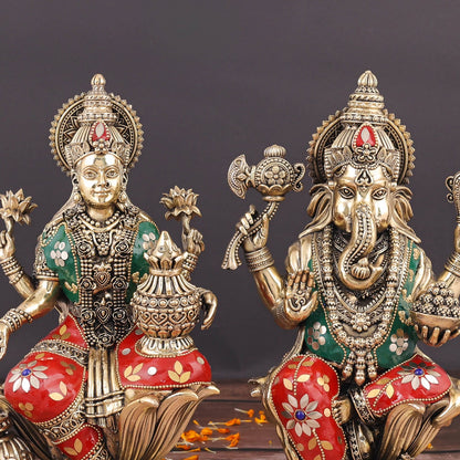 Brass Superfine Ganesha Lakshmi Idol Stone Work 10 Inch by vendor-unknown - Hindu Gods (View 2)