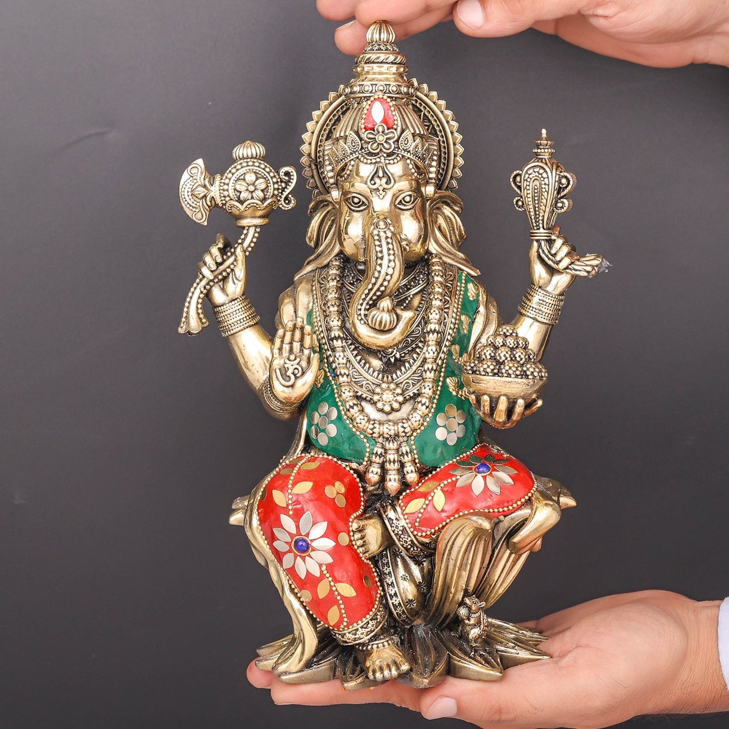 Brass Superfine Ganesha Lakshmi Idol Stone Work 10 Inch