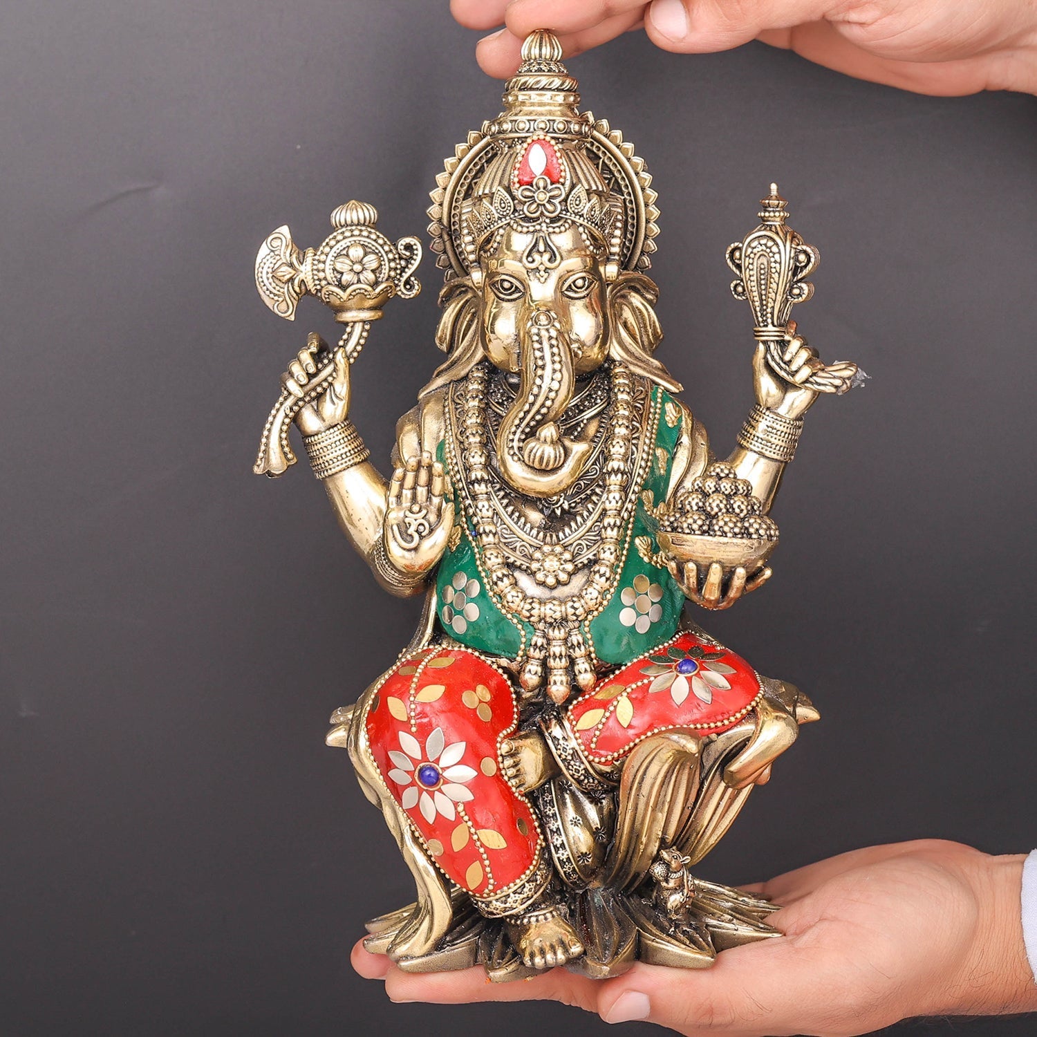 Brass Superfine Ganesha Lakshmi Idol Stone Work 10 Inch - Image 3