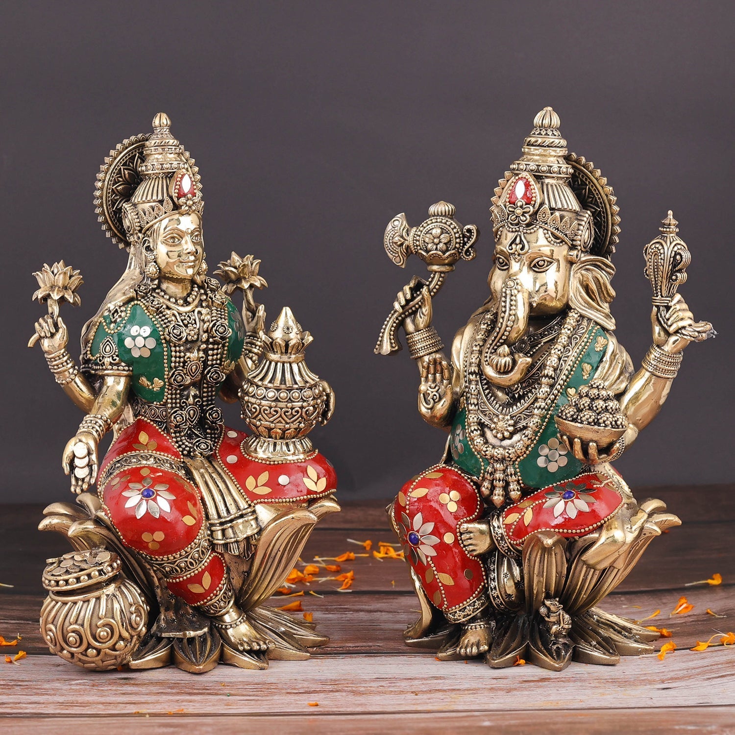 Brass Superfine Ganesha Lakshmi Idol Stone Work 10 Inch - Image 4