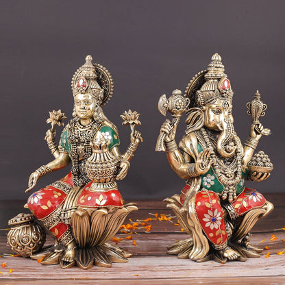 Brass Superfine Ganesha Lakshmi Idol Stone Work 10 Inch by vendor-unknown - Hindu Gods (View 5)
