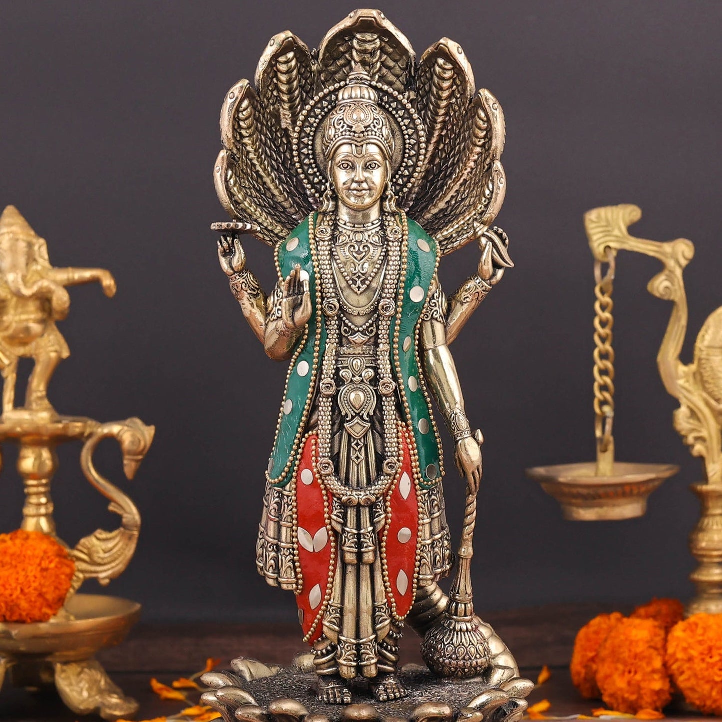 Brass Sueprfine Shri Hari Vishnu Idol With Sheshnag 11 Inch