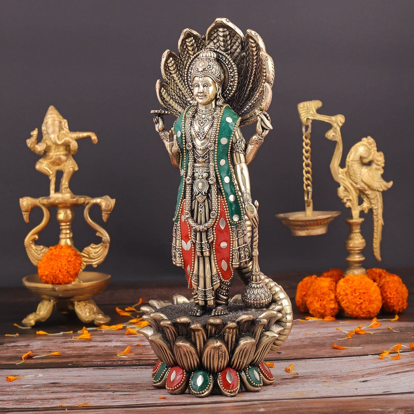 Brass Sueprfine Shri Hari Vishnu Idol With Sheshnag 11 Inch