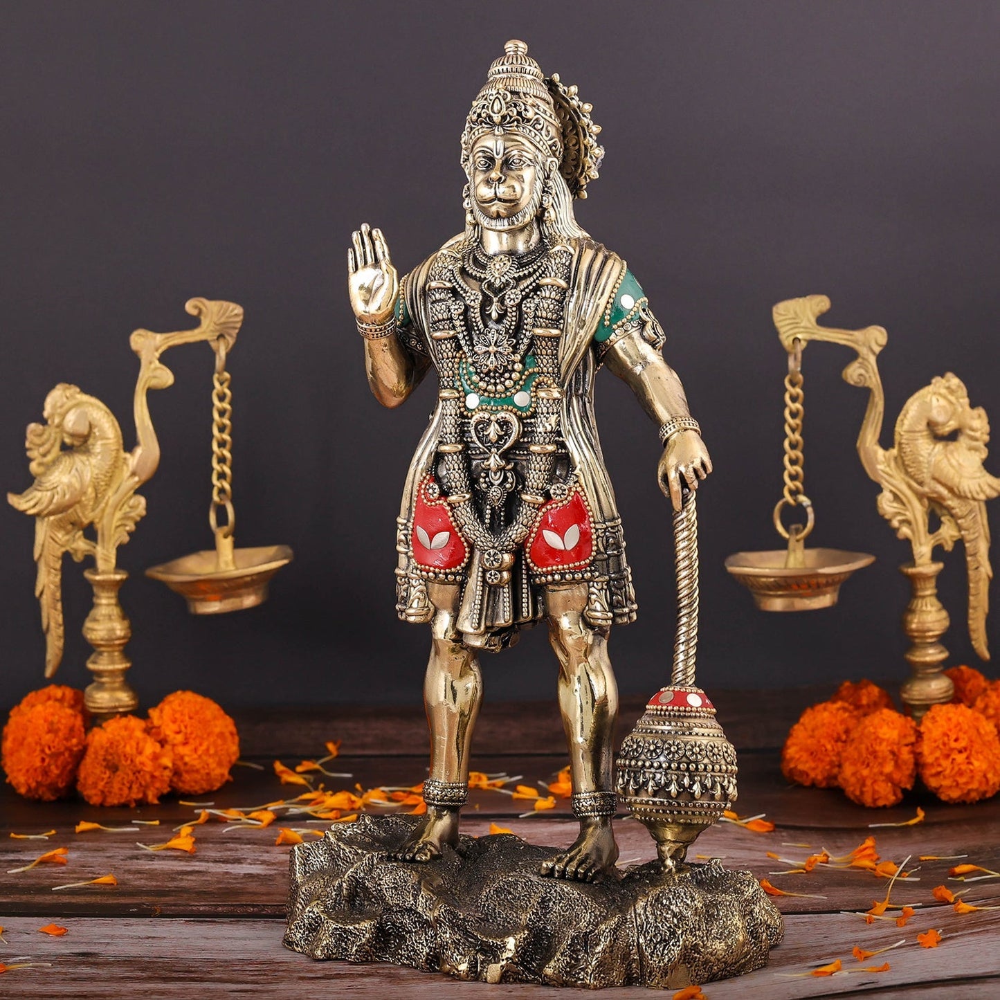 Brass Superfine Standing Hanuman Idol Stone Work 12 Inch