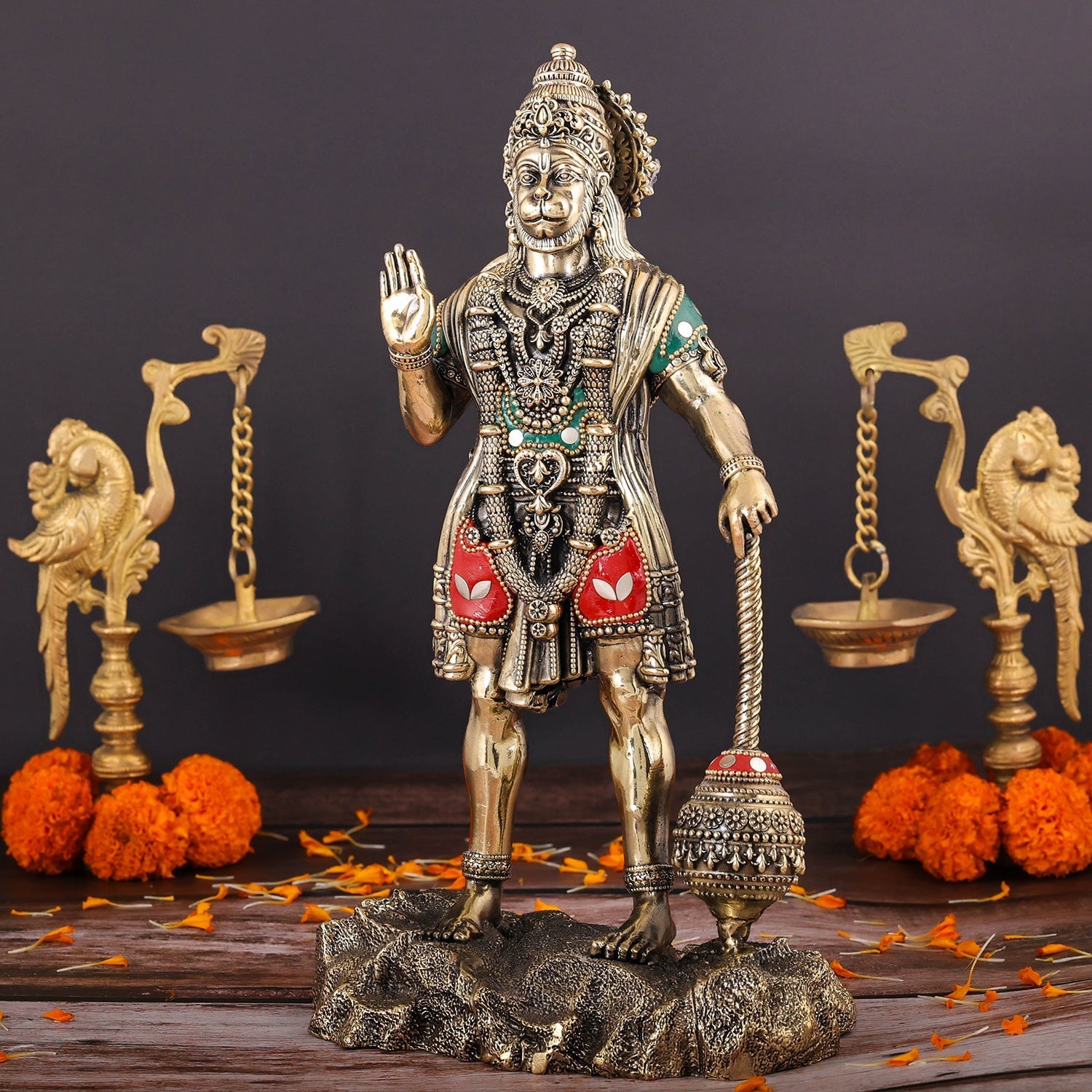 Brass Superfine Standing Hanuman Idol Stone Work 12 Inch - Image 5