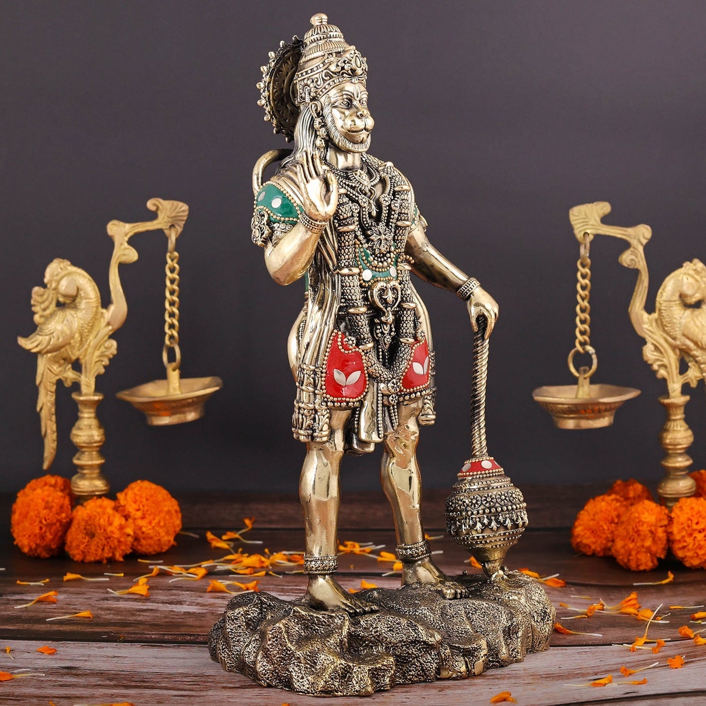 Brass Superfine Standing Hanuman Idol Stone Work 12 Inch