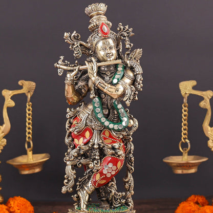 Brass Superfine Lord Krishna Idol Meenakari Stonework 12 Inch by vendor-unknown - Hindu Gods (View 2)