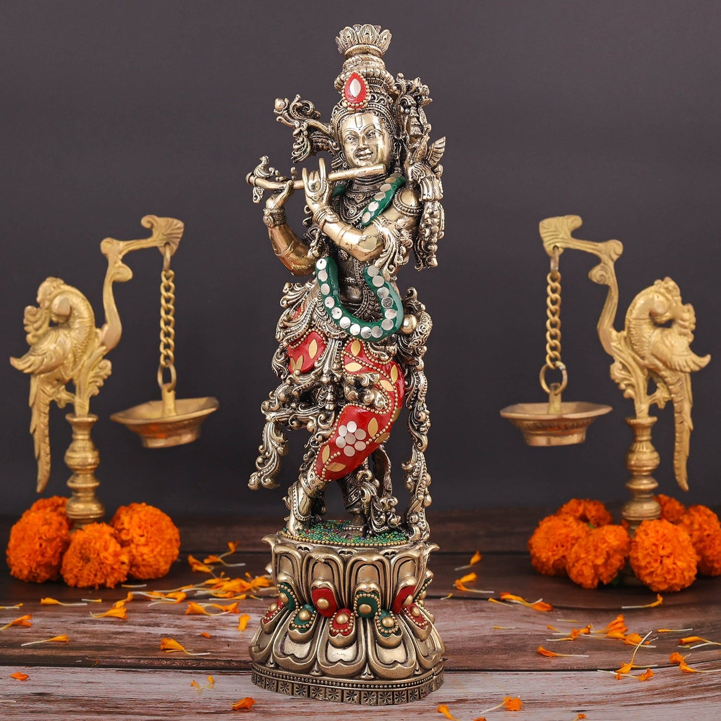 Brass Superfine Lord Krishna Idol Meenakari Stonework 12 Inch