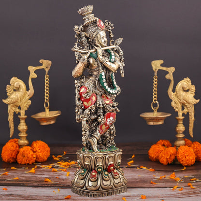 Brass Superfine Lord Krishna Idol Meenakari Stonework 12 Inch by vendor-unknown - Hindu Gods (View 4)