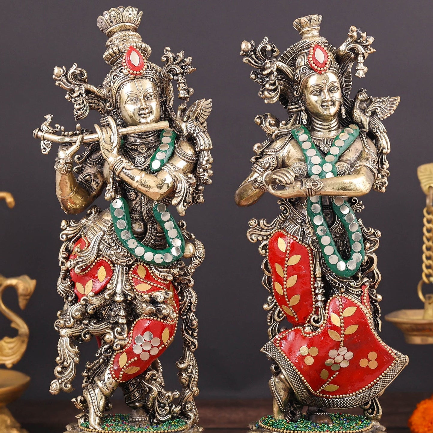 Brass Superfine Radha Krishna Idols Meenakari Stone work 12 Inches