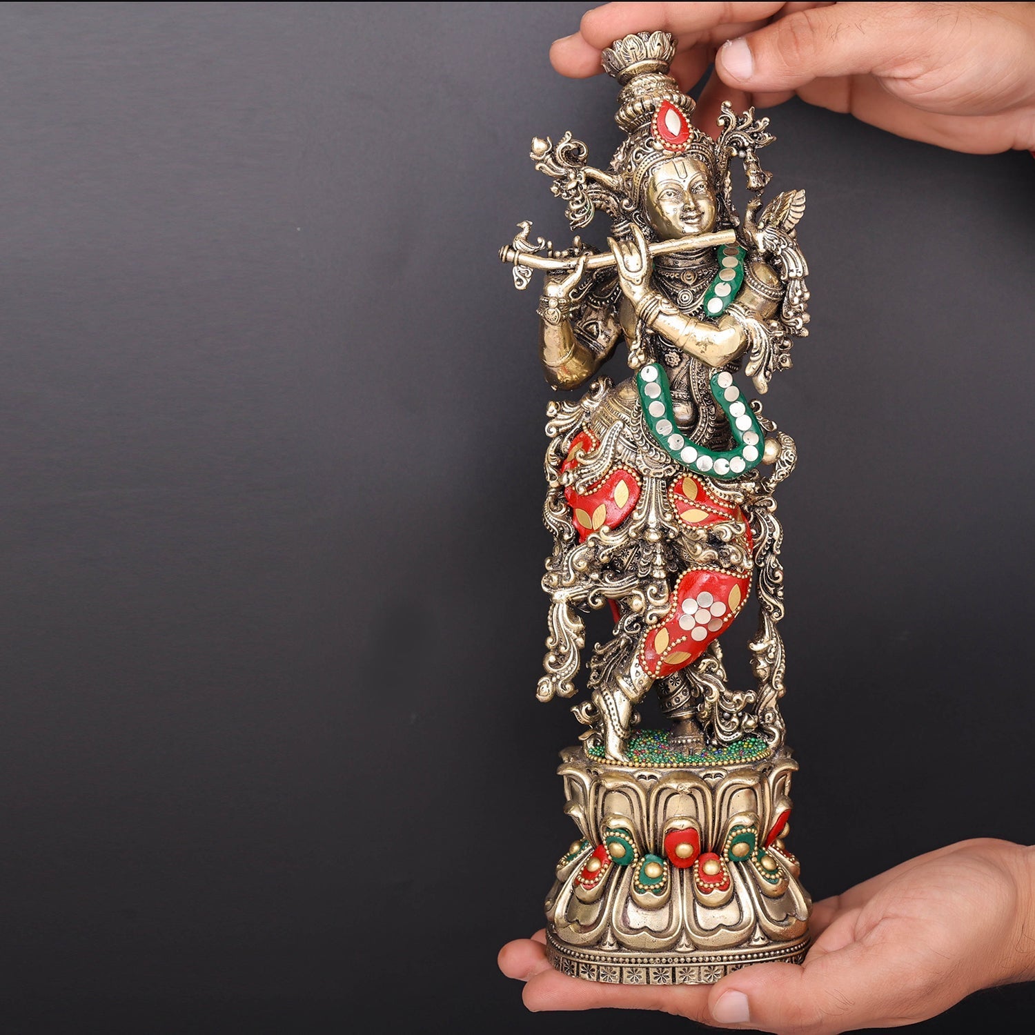 Brass Superfine Radha Krishna Idols Meenakari Stone work 12 Inches - Image 3