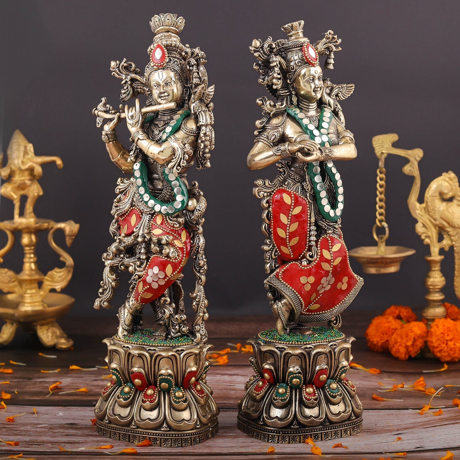 Brass Superfine Radha Krishna Idols Meenakari Stone work 12 Inches - Image 4