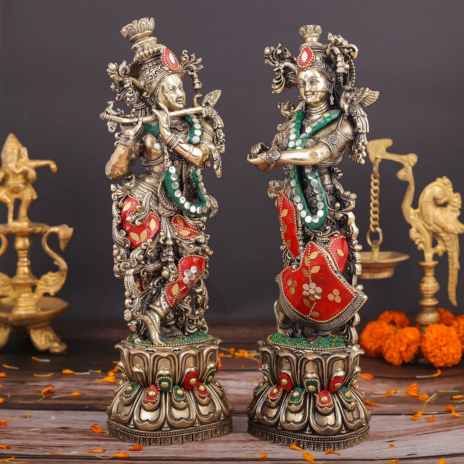 Brass Superfine Radha Krishna Idols Meenakari Stone work 12 Inches - Image 5