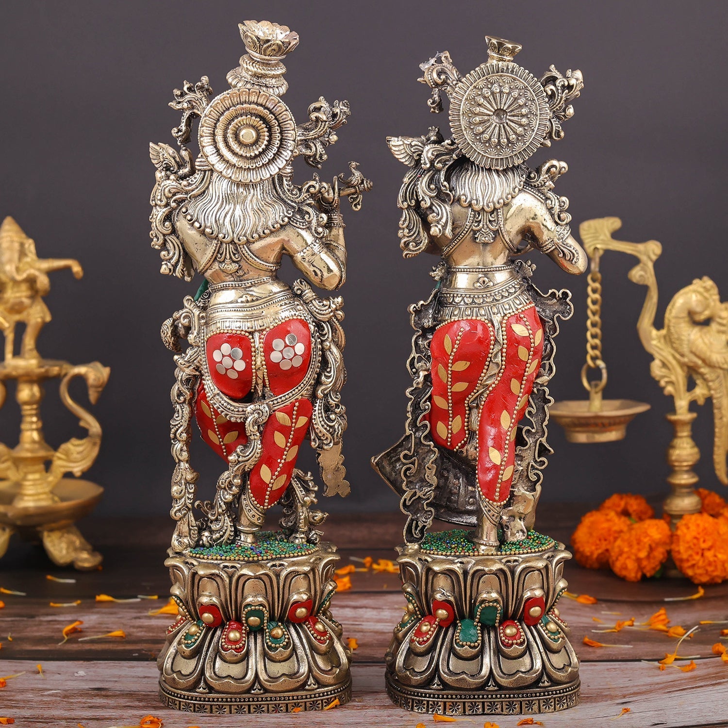 Brass Superfine Radha Krishna Idols Meenakari Stone work 12 Inches - Image 7