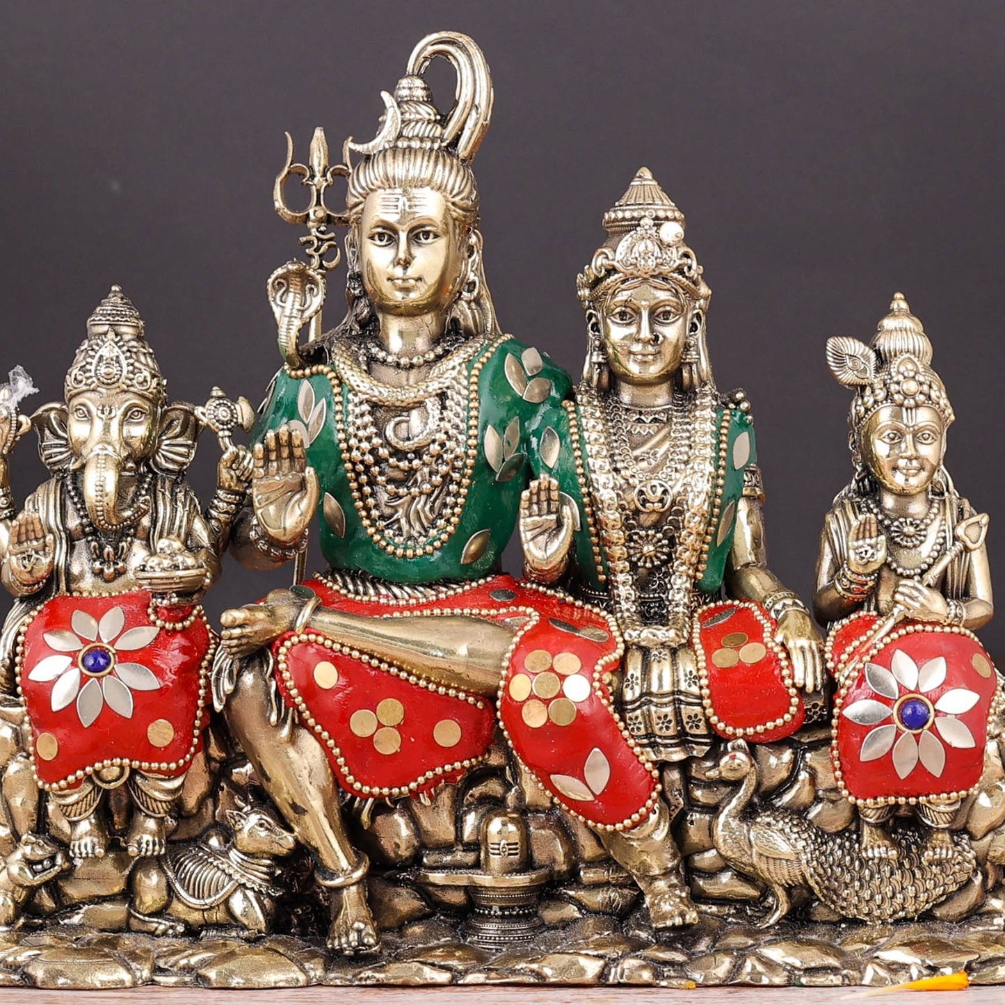 Brass Superfine Lord Shiva Family Statue with Inlay Work 8 Inch