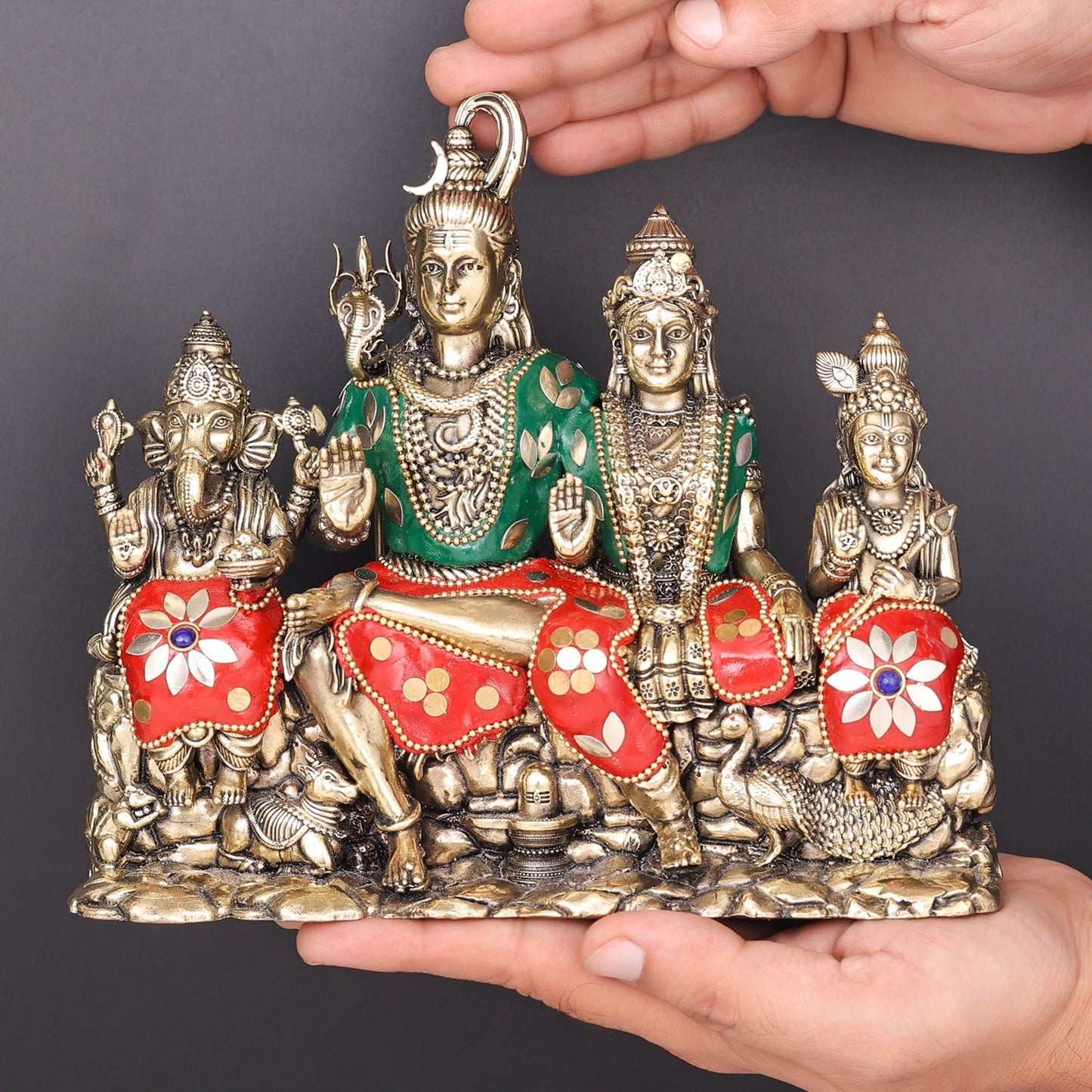 Brass Superfine Lord Shiva Family Statue with Inlay Work 8 Inch