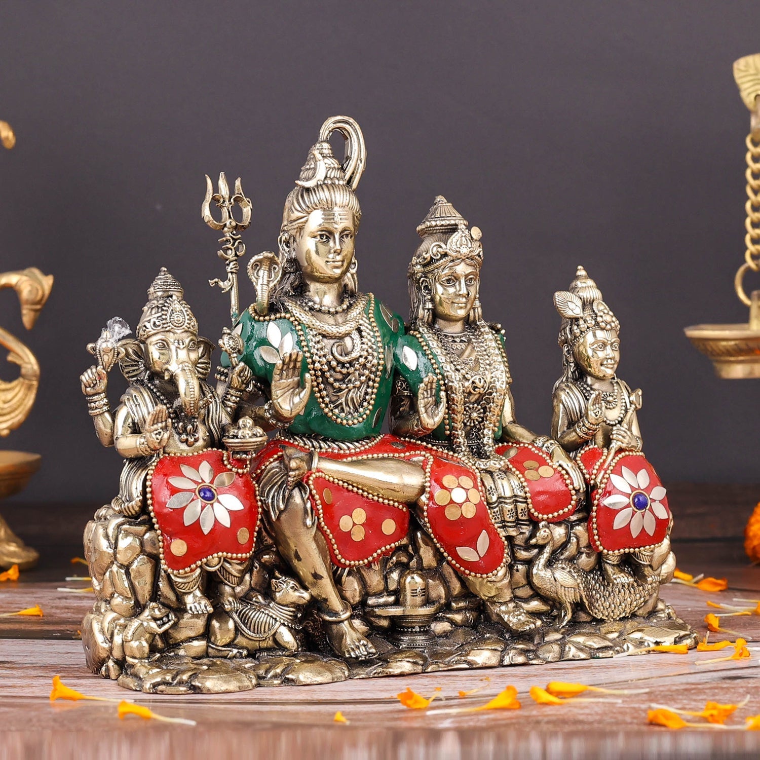 Brass Superfine Lord Shiva Family Statue with Inlay Work 8 Inch - Image 5
