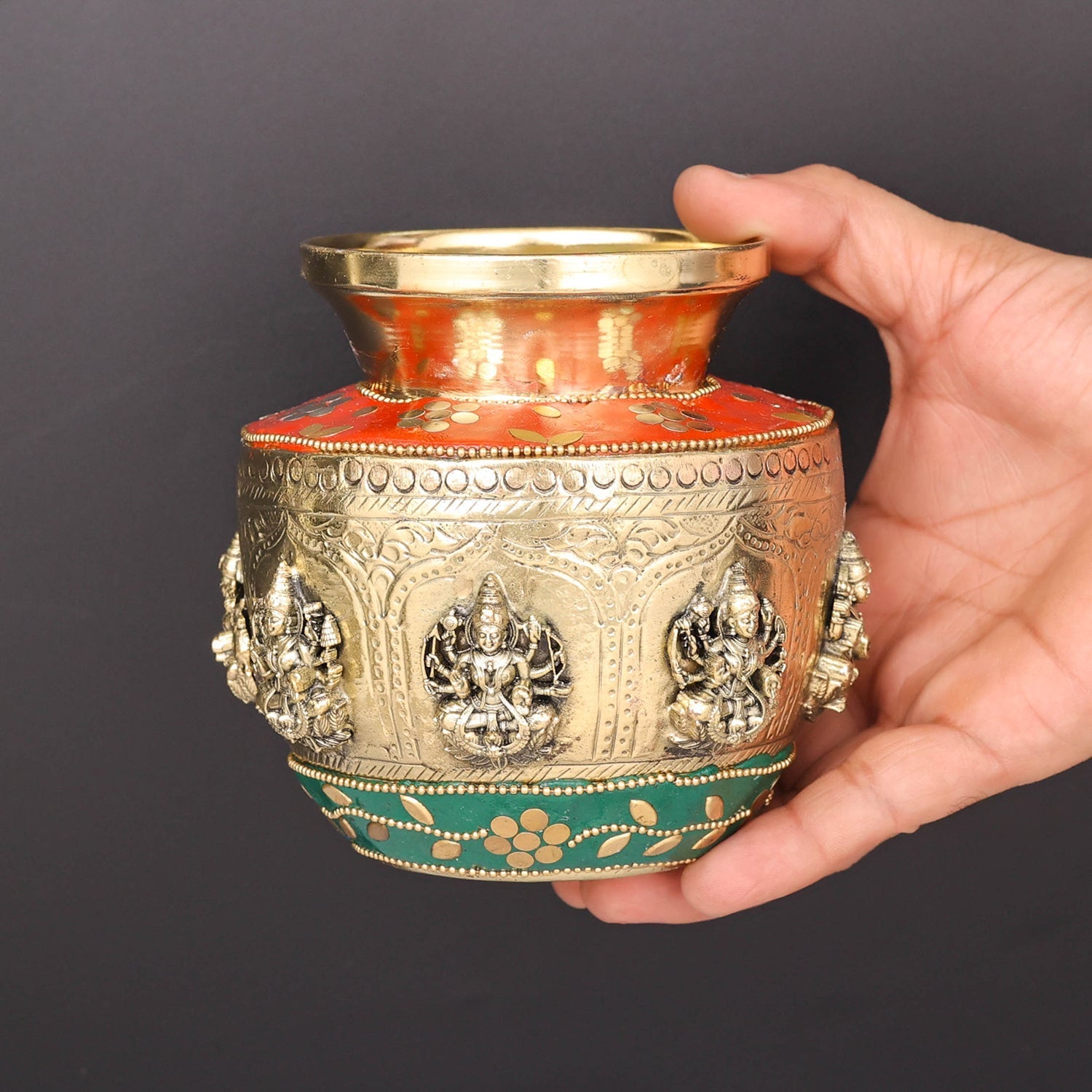 Brass Superfine Ashtalakshmi Ritual Kalash Inlay Work 5 Inch - Image 3