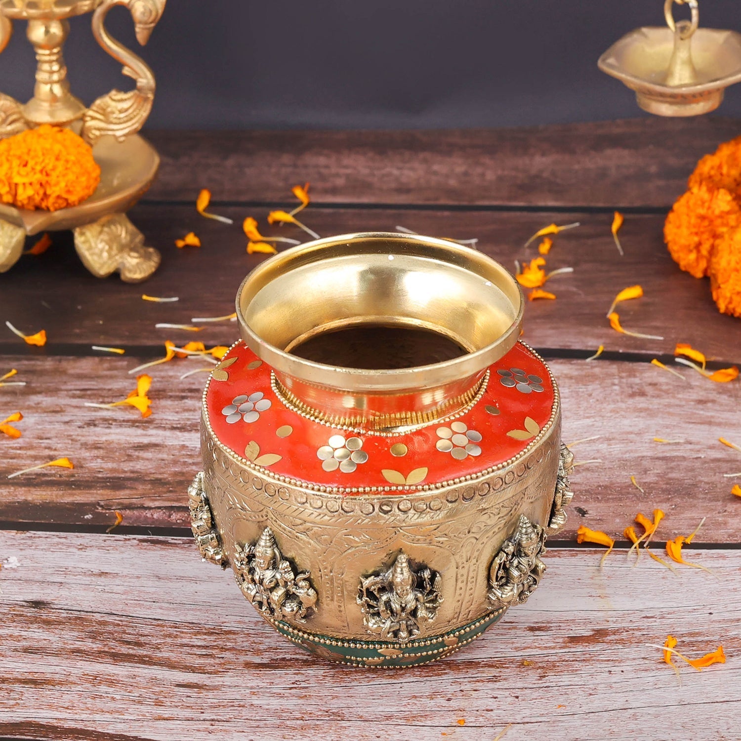 Brass Superfine Ashtalakshmi Ritual Kalash Inlay Work 5 Inch - Image 4