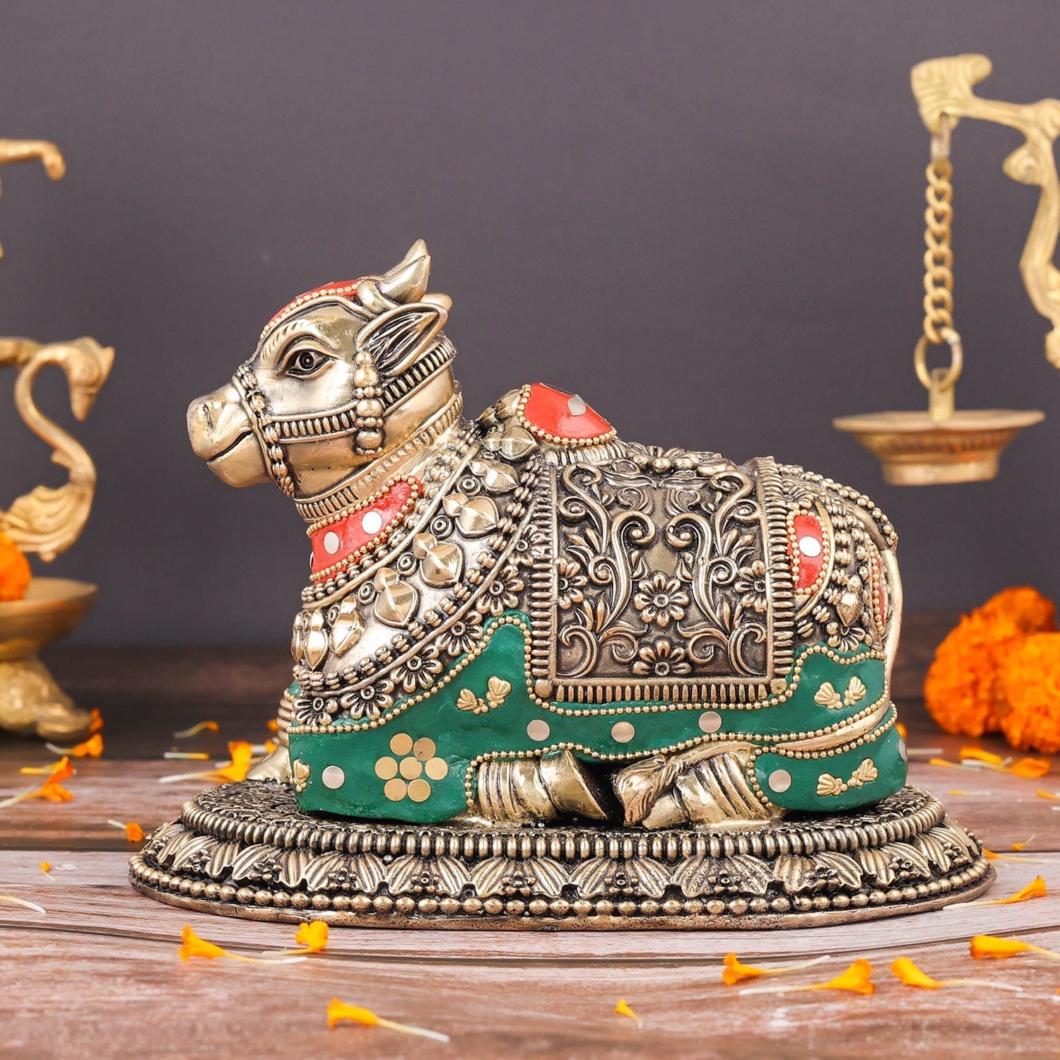 Brass Superfine Nandi Idol Vahan of Lord Shiva Meenakari Stone work 8 Inch - Image 4