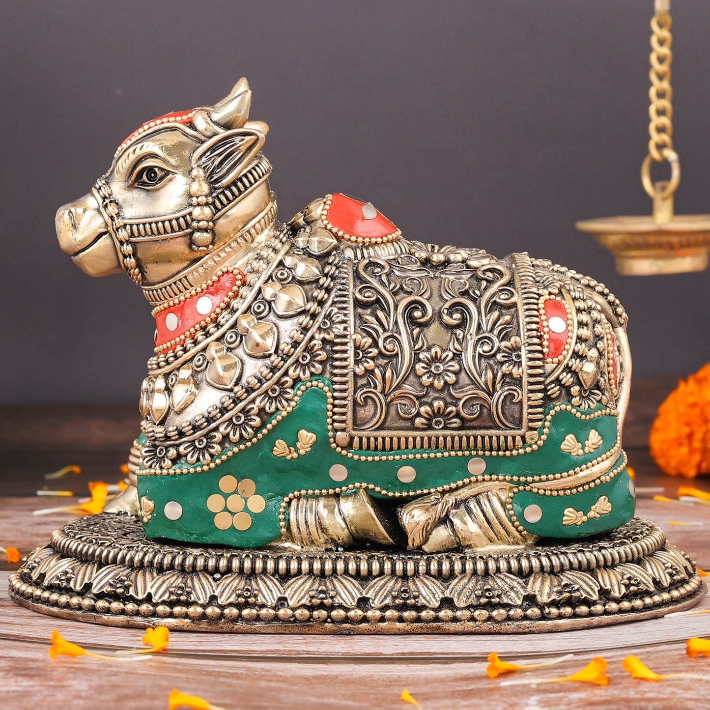 Brass Superfine Nandi Idol Vahan of Lord Shiva Meenakari Stone work 8 Inch