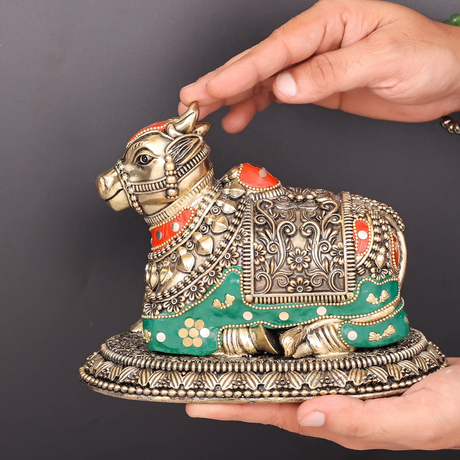 Brass Superfine Nandi Idol Vahan of Lord Shiva Meenakari Stone work 8 Inch - Image 3