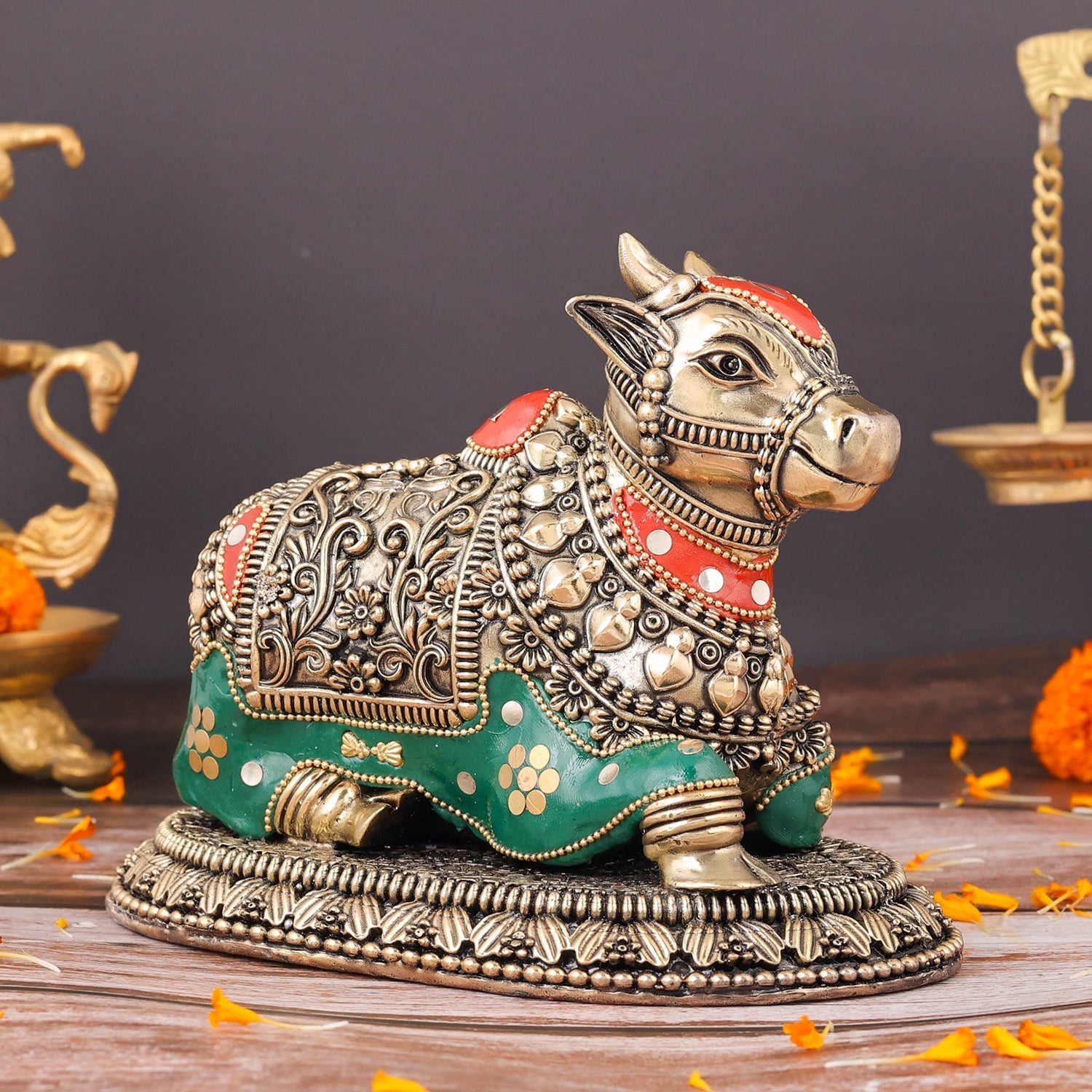 Brass Superfine Nandi Idol Vahan of Lord Shiva Meenakari Stone work 8 Inch - Image 5