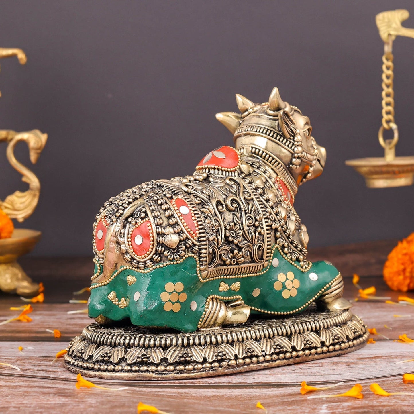 Brass Superfine Nandi Idol Vahan of Lord Shiva Meenakari Stone work 8 Inch