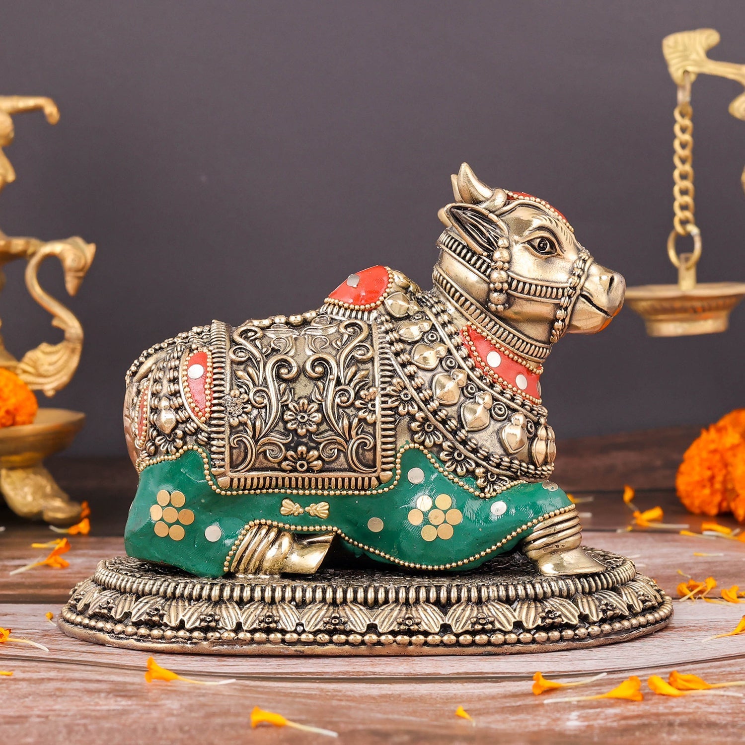 Brass Superfine Nandi Idol Vahan of Lord Shiva Meenakari Stone work 8 Inch - Image 7