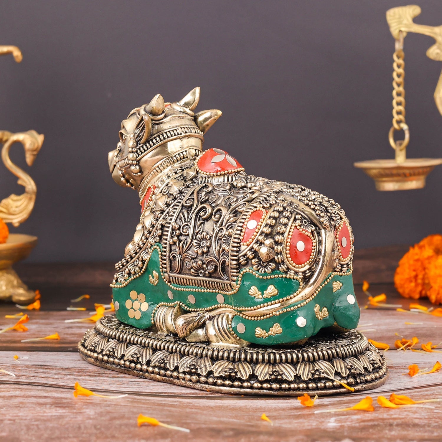 Brass Superfine Nandi Idol Vahan of Lord Shiva Meenakari Stone work 8 Inch - Image 8