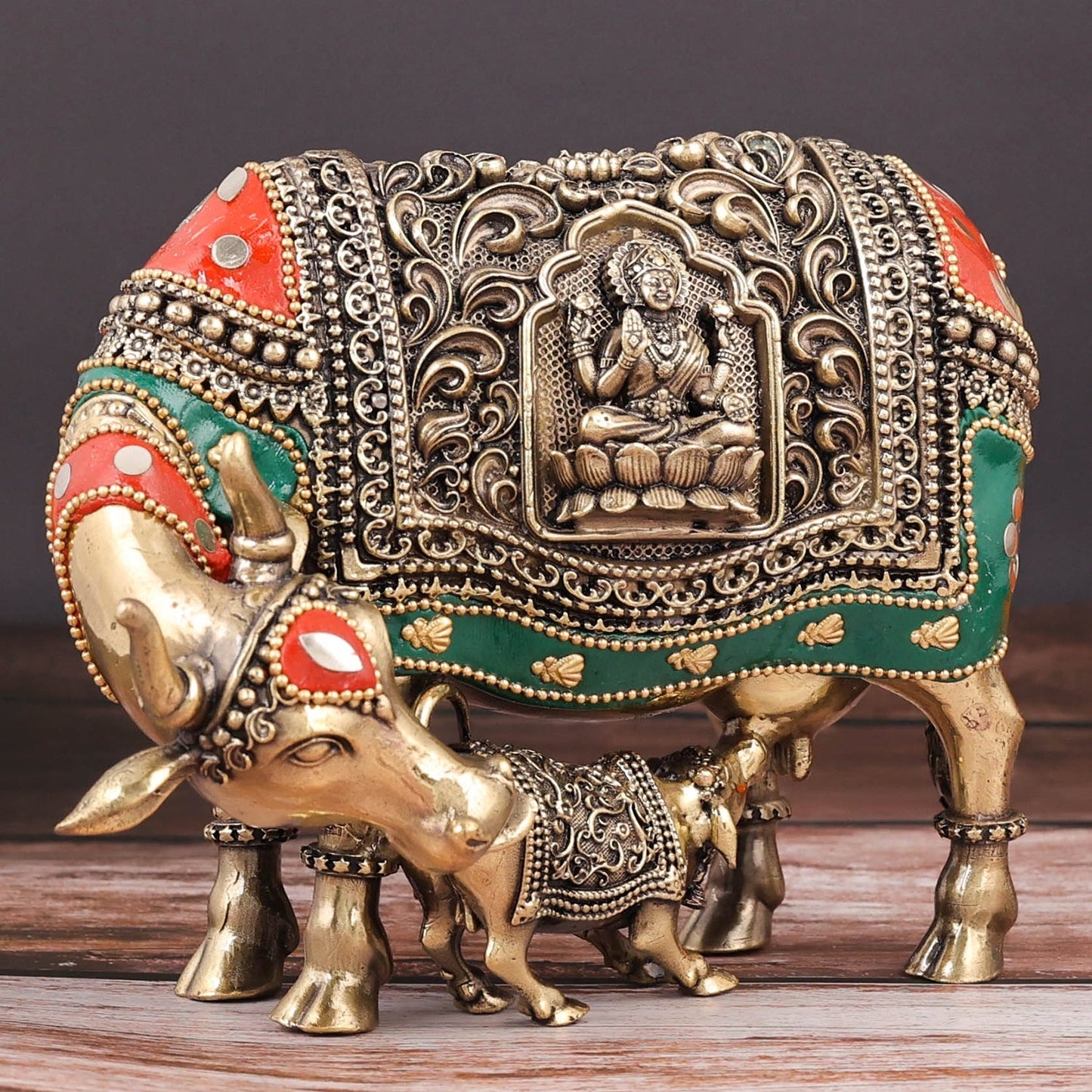 Brass Superfine Cow and Calf Statue Lakshmi Ganesha Engraving with Inlay Work 6 Inch