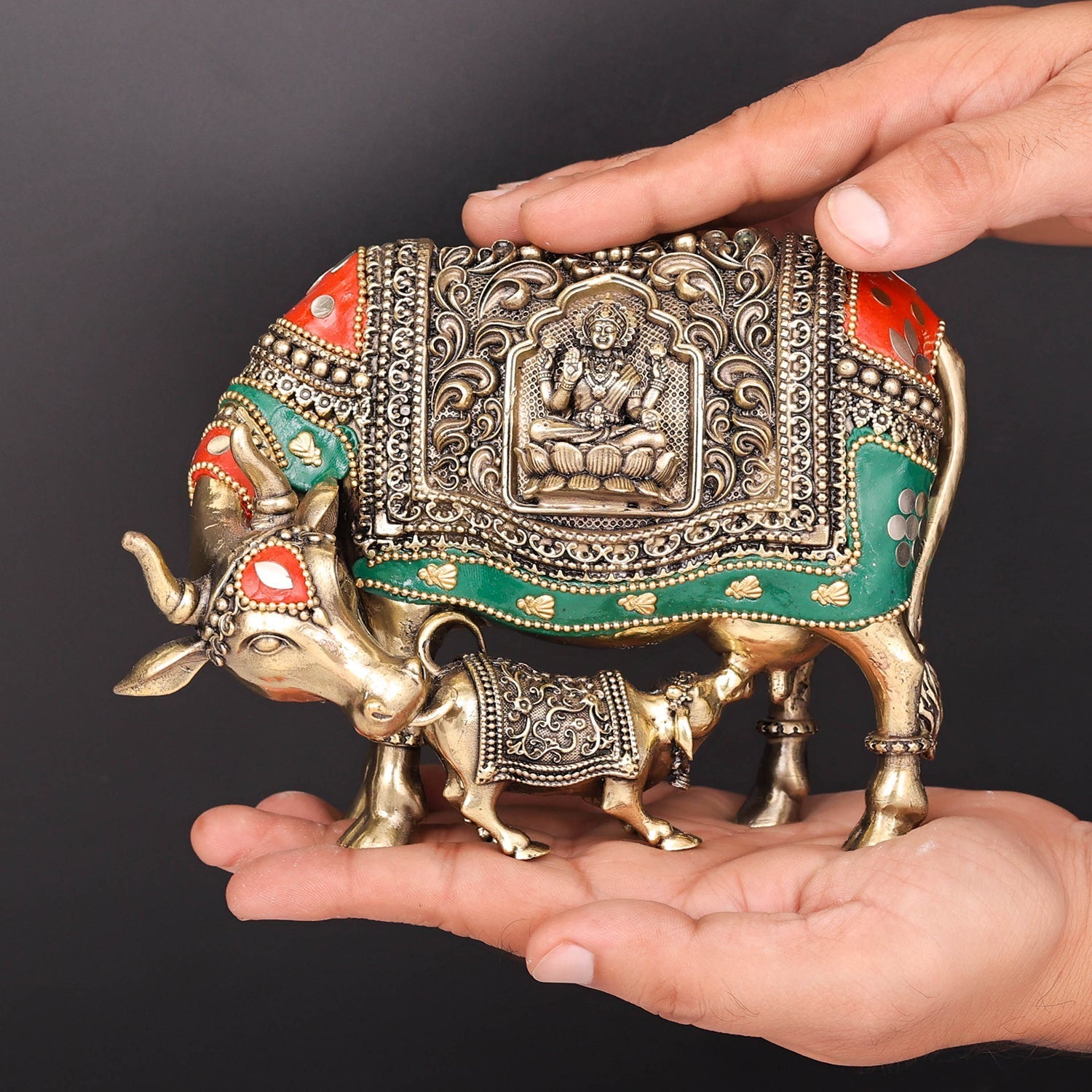 Brass Superfine Cow and Calf Statue Lakshmi Ganesha Engraving with Inlay Work 6 Inch - Image 2