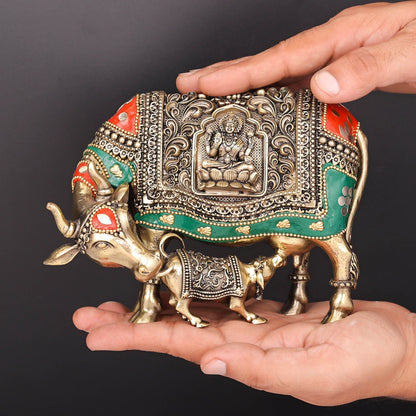 Brass Superfine Cow and Calf Statue Lakshmi Ganesha Engraving with Inlay Work 6 Inch by vendor-unknown - Spiritual (View 2)