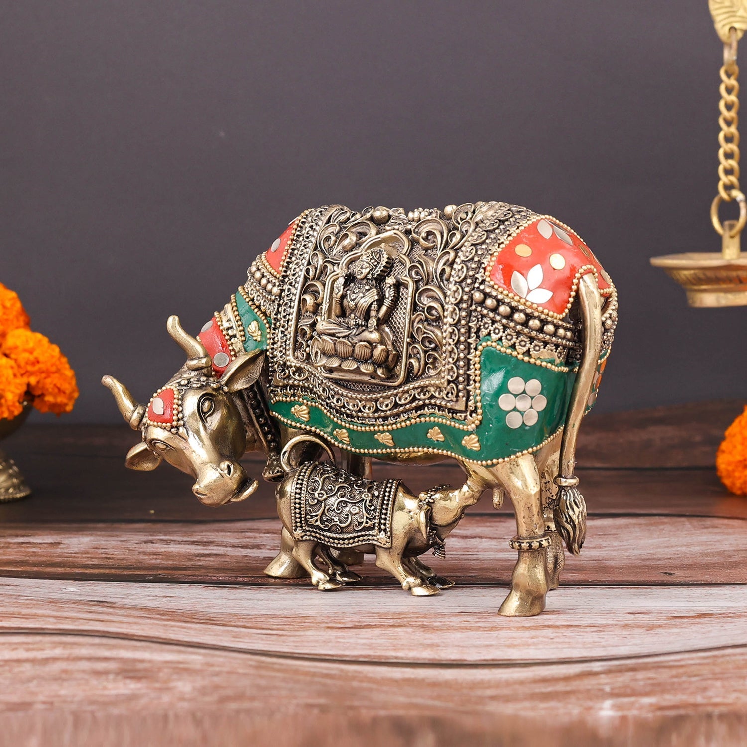 Brass Superfine Cow and Calf Statue Lakshmi Ganesha Engraving with Inlay Work 6 Inch - Image 4