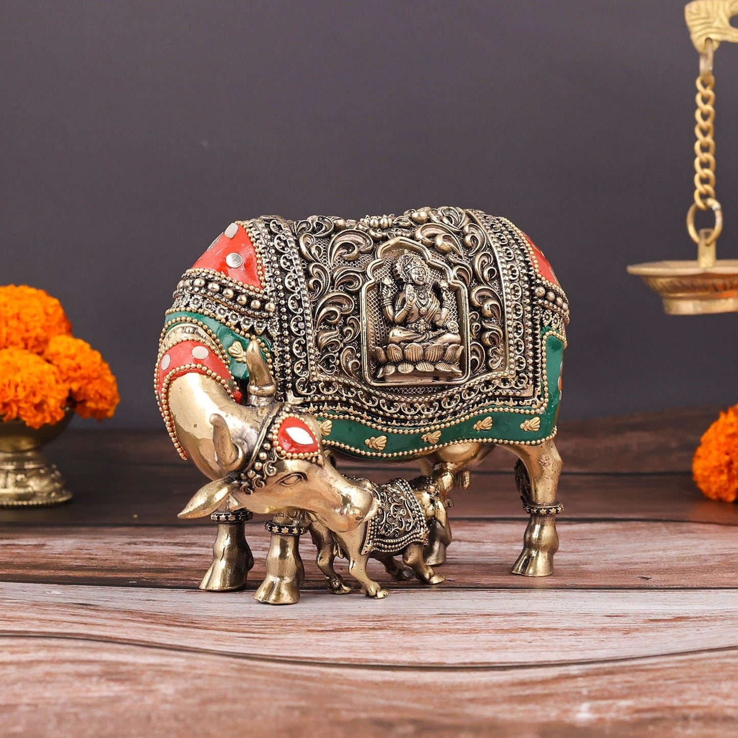 Brass Superfine Cow and Calf Statue Lakshmi Ganesha Engraving with Inlay Work 6 Inch
